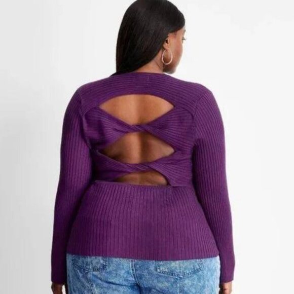 NWT Future Collective Purple Twisted Back Sweater Cutouts Modern Retro Minimalis - Picture 3 of 9
